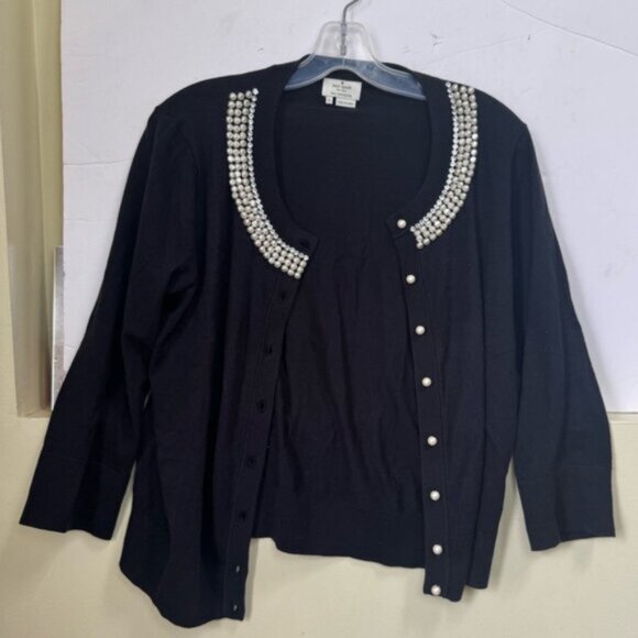 Kate Spade Pearl Crystal Rhinestone Beaded Preppy Cotton Cardigan Sweater Crew L - Picture 3 of 16